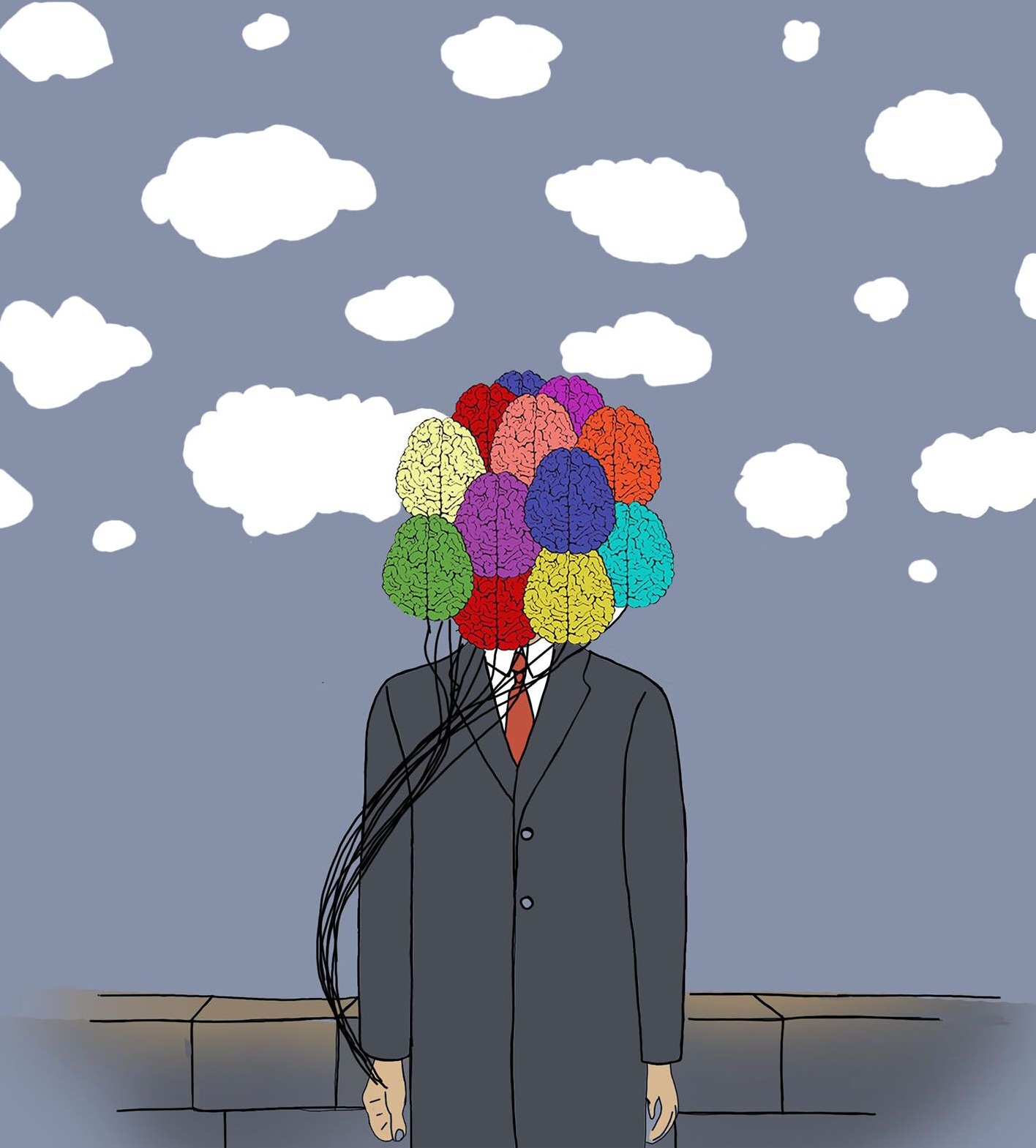 Magritte-style illustration of a man holding balloons shaped like brain in front of his face.